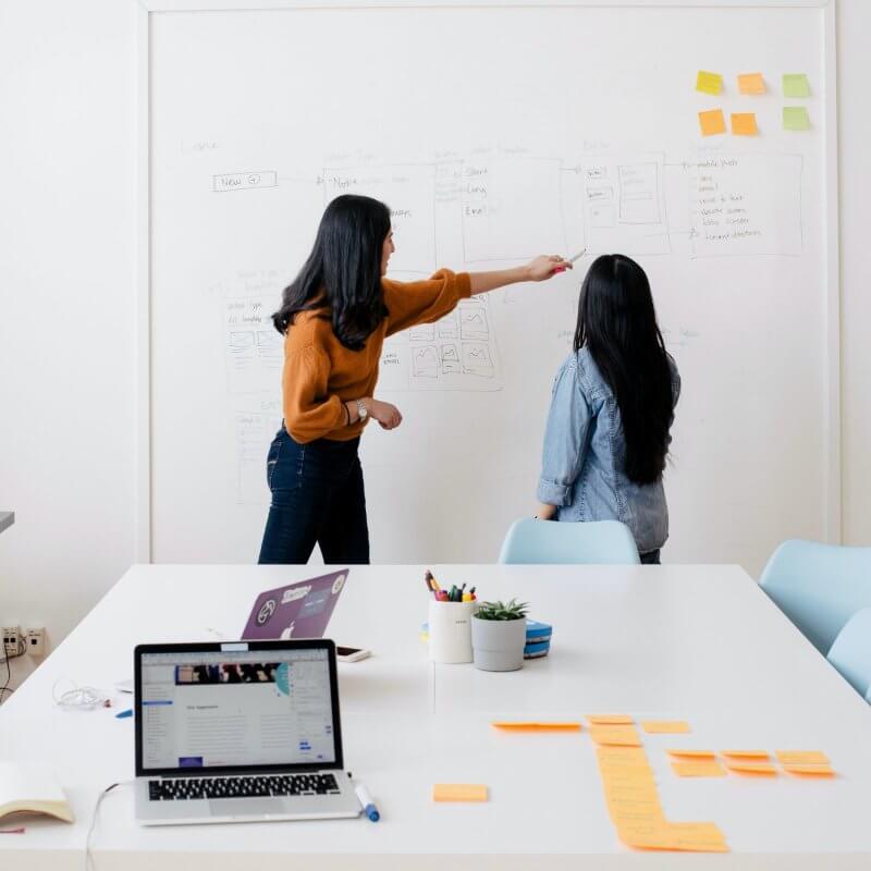 Two women at a whiteboard | How to Develop a TikTok Marketing Strategy