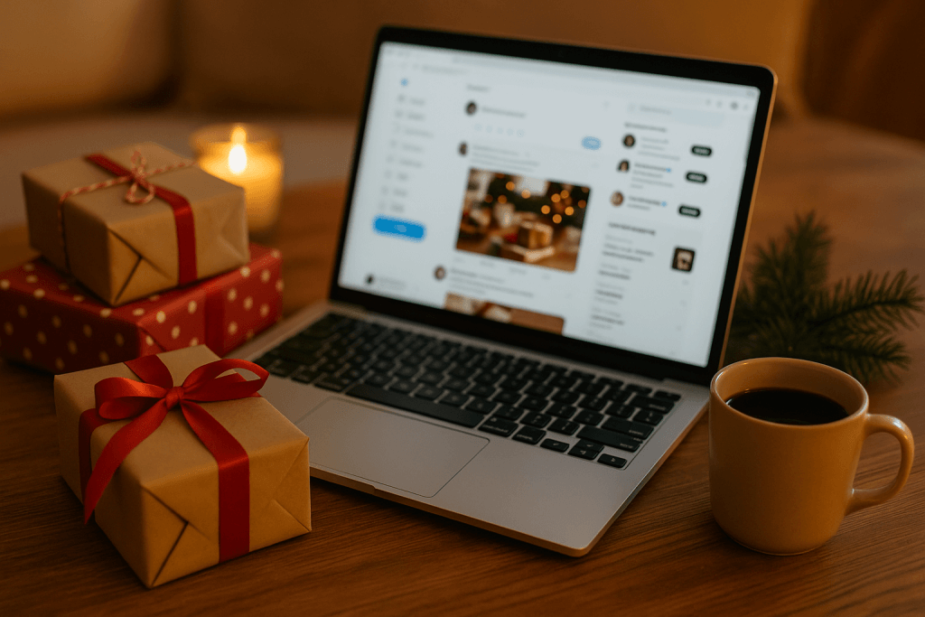 Laptop next to Christmas gifts | What Is the Best Free Way to Advertise Your Business During the Holidays?