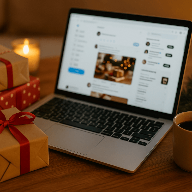 Laptop next to Christmas gifts | What Is the Best Free Way to Advertise Your Business During the Holidays?